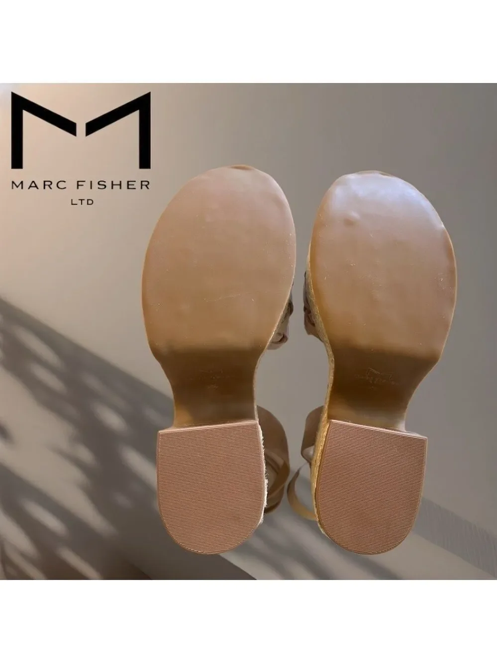 MARC FISHER Odilia Leather Upper Jute-Wrapped Platform Espadrille Wedge Sandals